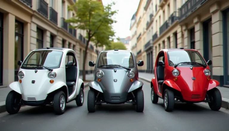 Trois modèles d'auto sans permis côte à côte dans une rue française, permettant de comparer les lignes de carrosserie de chaque véhicule