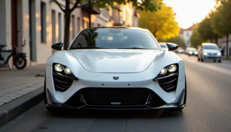 Ligier JS60 auto sans permis rose avec kit carrosserie personnalisé, pare-chocs avant aftermarket posé, prise de vue trois quarts avant en milieu urbain