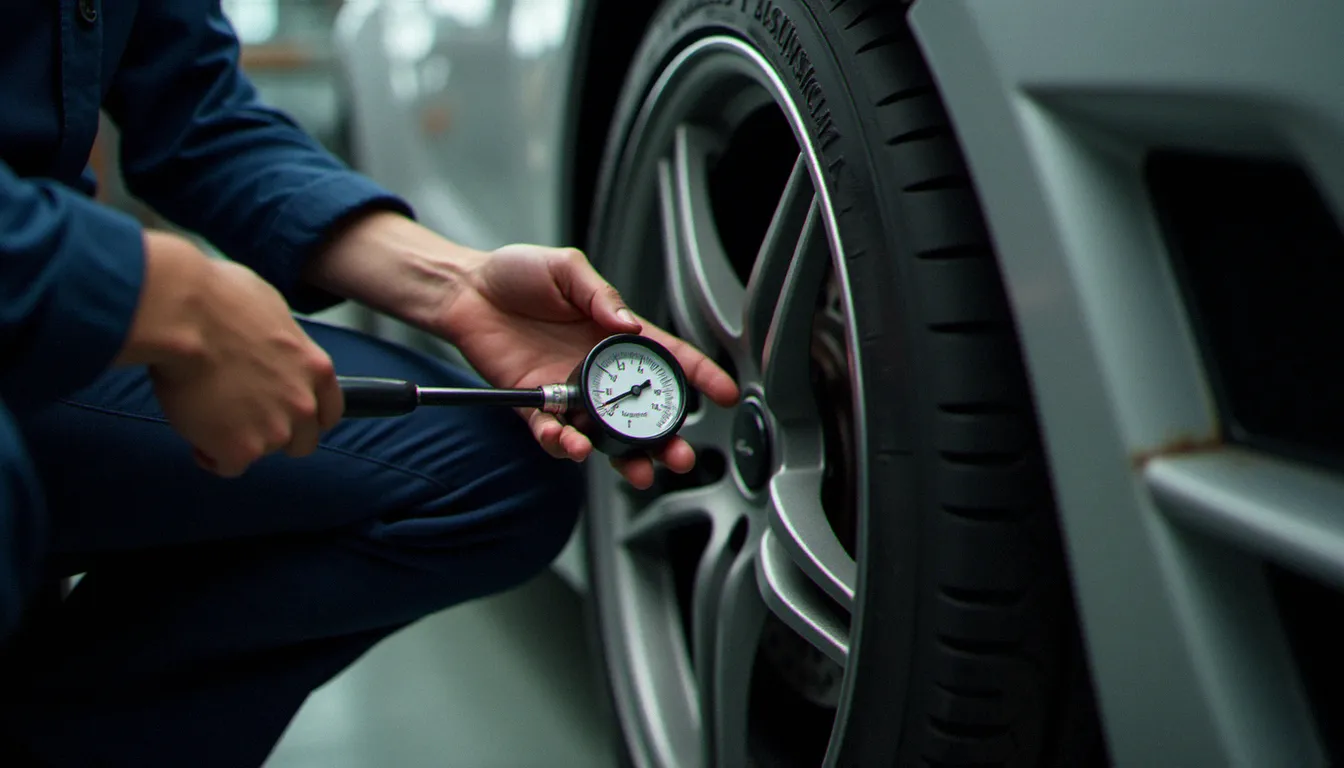 Vérification de la pression des pneus d'une voiture équipée d'un kit carrosserie avant un trajet sur autoroute
