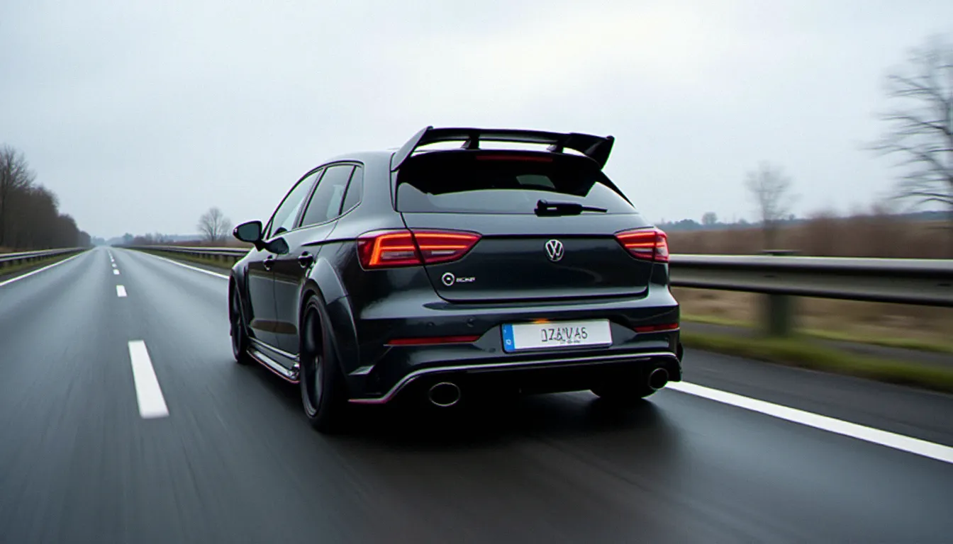 Diffuseur arrière aérodynamique et spoiler de toit sur une voiture roulant à haute vitesse sur autoroute française