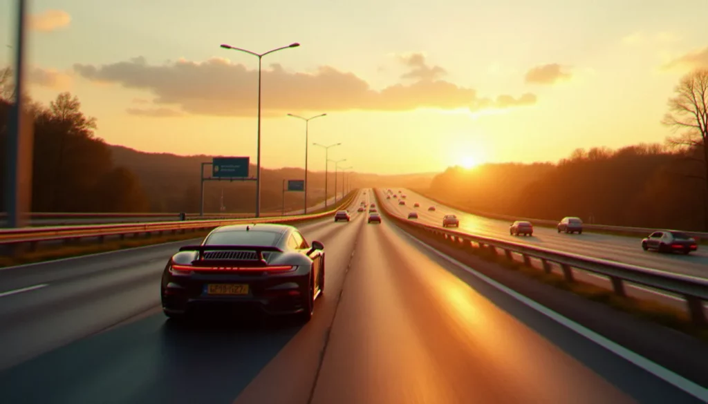 Vue autoroutière en France avec une voiture équipée d'un kit carrosserie sur autoroute autour de Metz au coucher du soleil