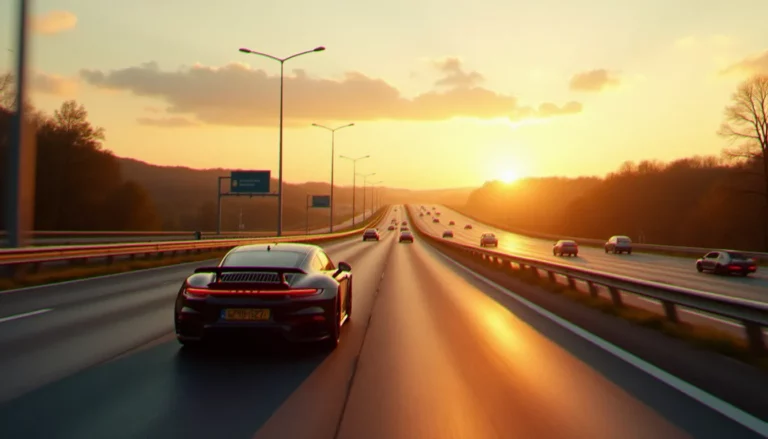 Vue autoroutière en France avec une voiture équipée d'un kit carrosserie sur autoroute autour de Metz au coucher du soleil