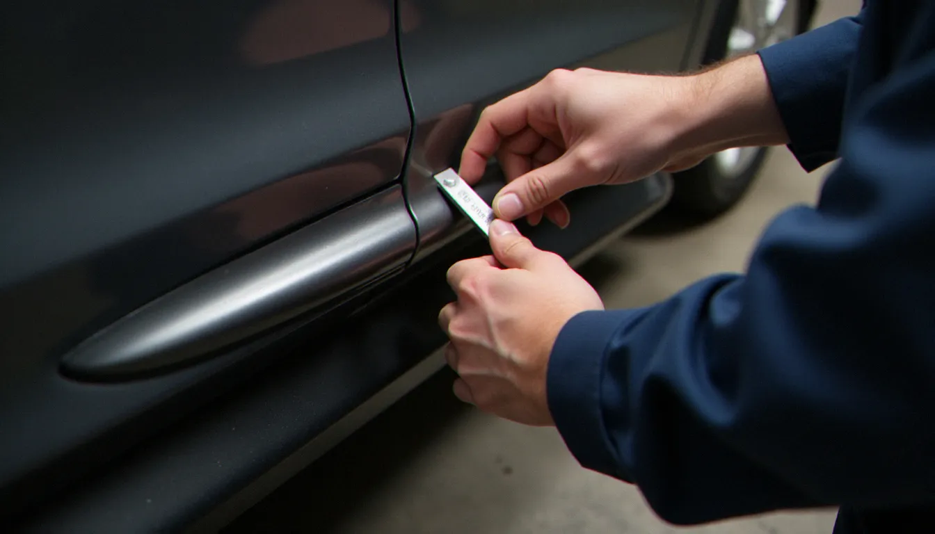 Mains d'un mécanicien vérifiant l'ajustement d'une jupe latérale aftermarket sur une berline compacte grise dans un garage, inspection de qualité pièce discount