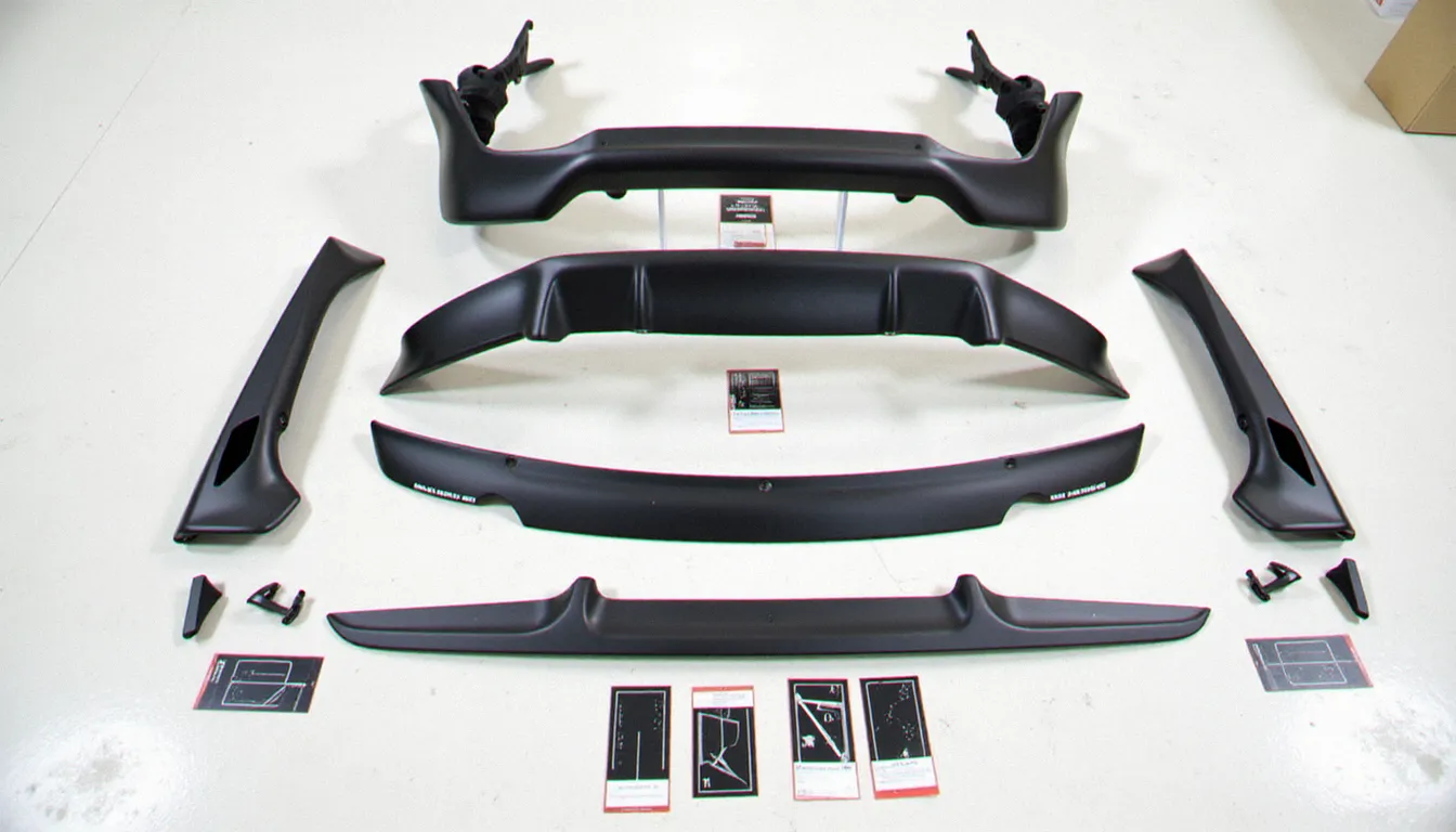 Vue de dessus de cinq pièces carrosserie discount en plastique ABS noir non peint disposées sur sol blanc, comparatif de différents éléments de kit carrosserie au meilleur prix