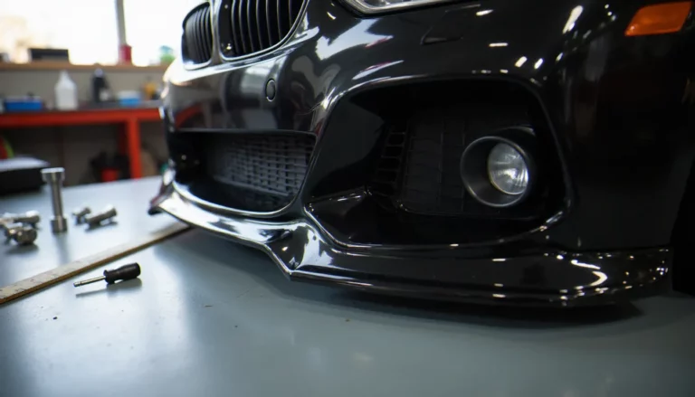 Kit carrosserie avant en polyuréthane noir brillant posé sur un établi d'atelier avec outils de mesure, illustrant un avis auto discount sur des pièces carrosserie
