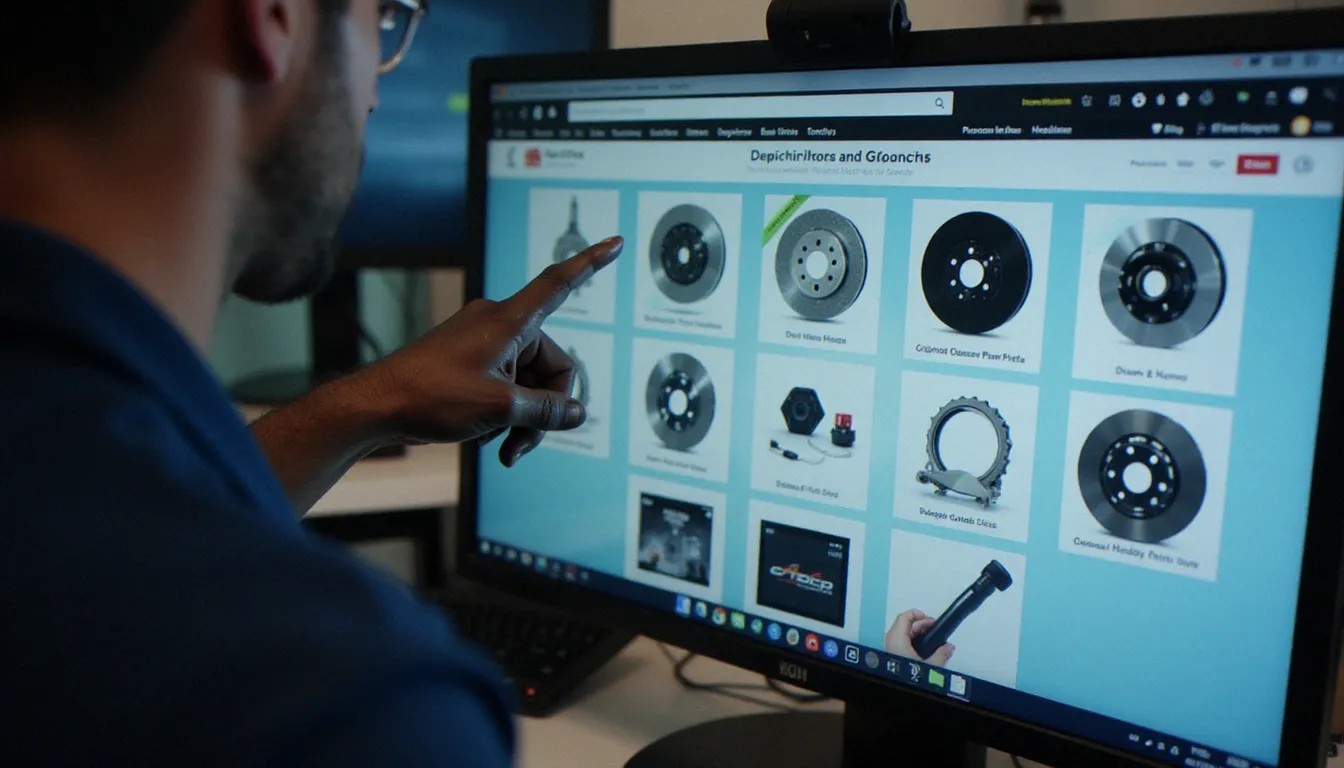 Écran d'ordinateur affichant une recherche de pièces sur un site de vente en ligne auto, avec une main de mécanicien comparant les références disponibles