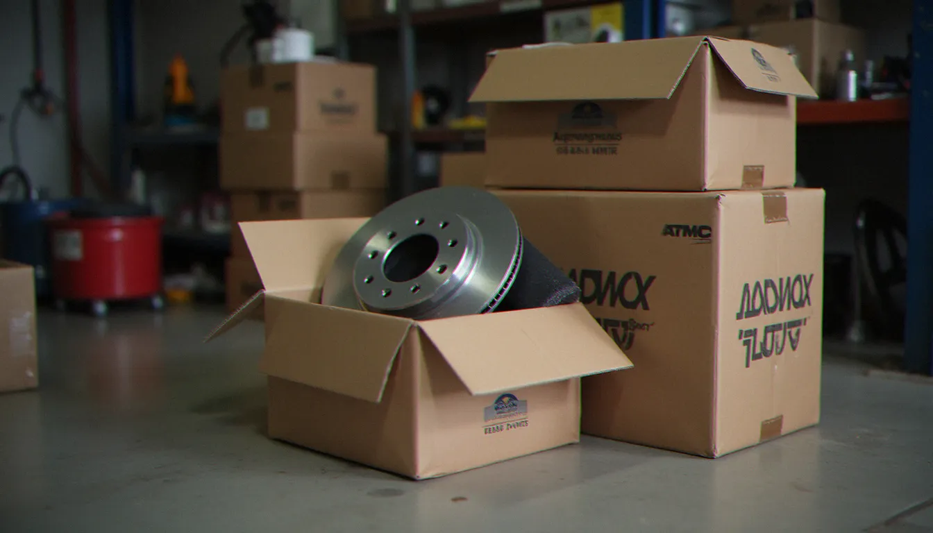 Cartons de livraison de pièces auto empilés dans un garage, l'un ouvert révélant un disque de frein dans son emballage de protection