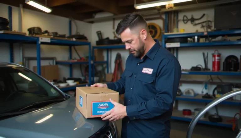 Préparateur auto examinant une pièce de carrosserie dans un atelier professionnel, illustrant un avis auto doc sur la qualité des pièces commandées en ligne