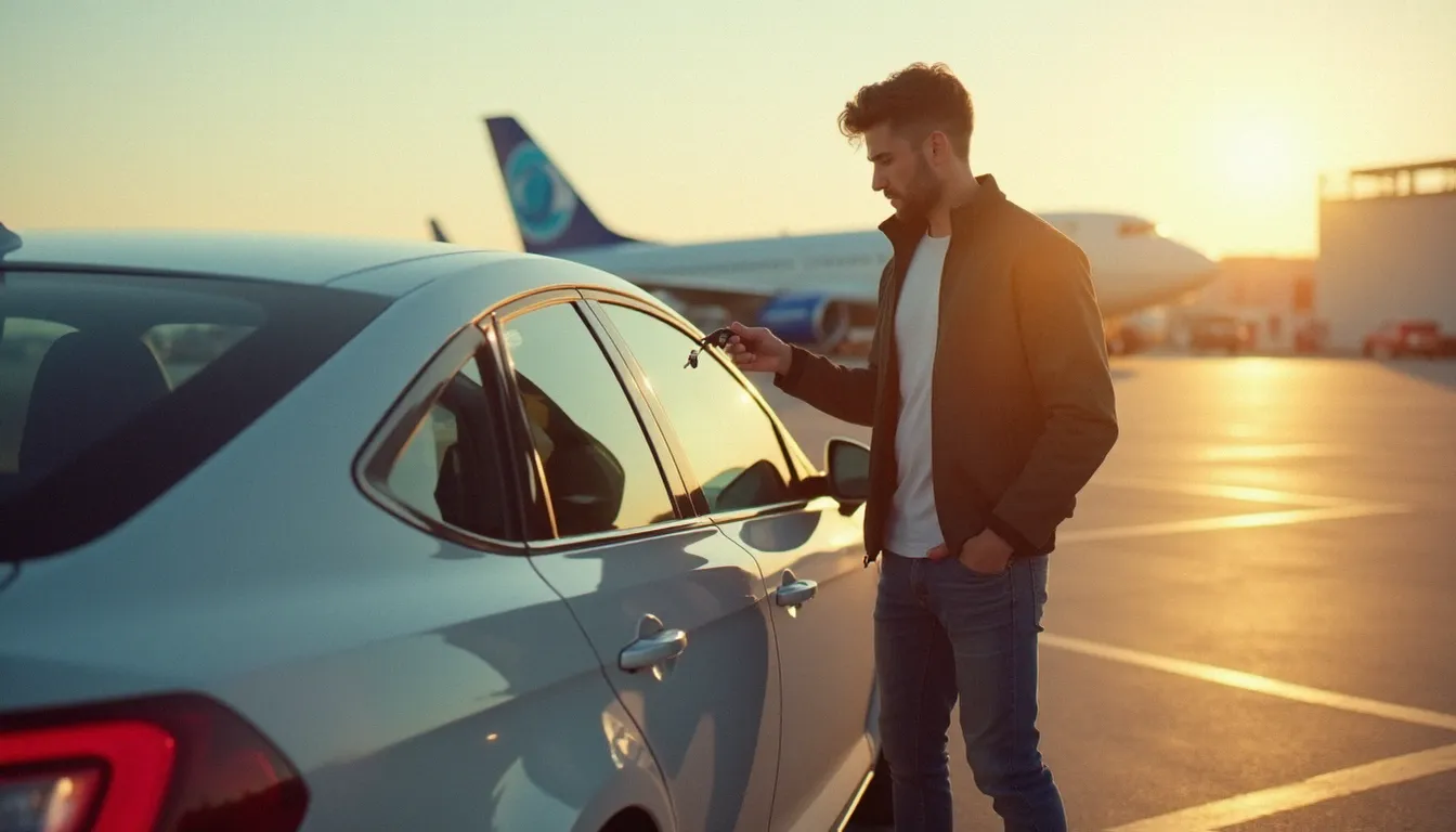 Homme examinant une voiture de location dans un parking d'aéroport européen ensoleillé, illustrant un avis terrain sur Auto Europe