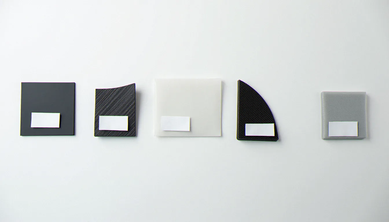 Comparatif des matériaux de kit carrosserie aftermarket disposés sur un établi blanc, incluant ABS, polyuréthane, carbone et fibre de verre