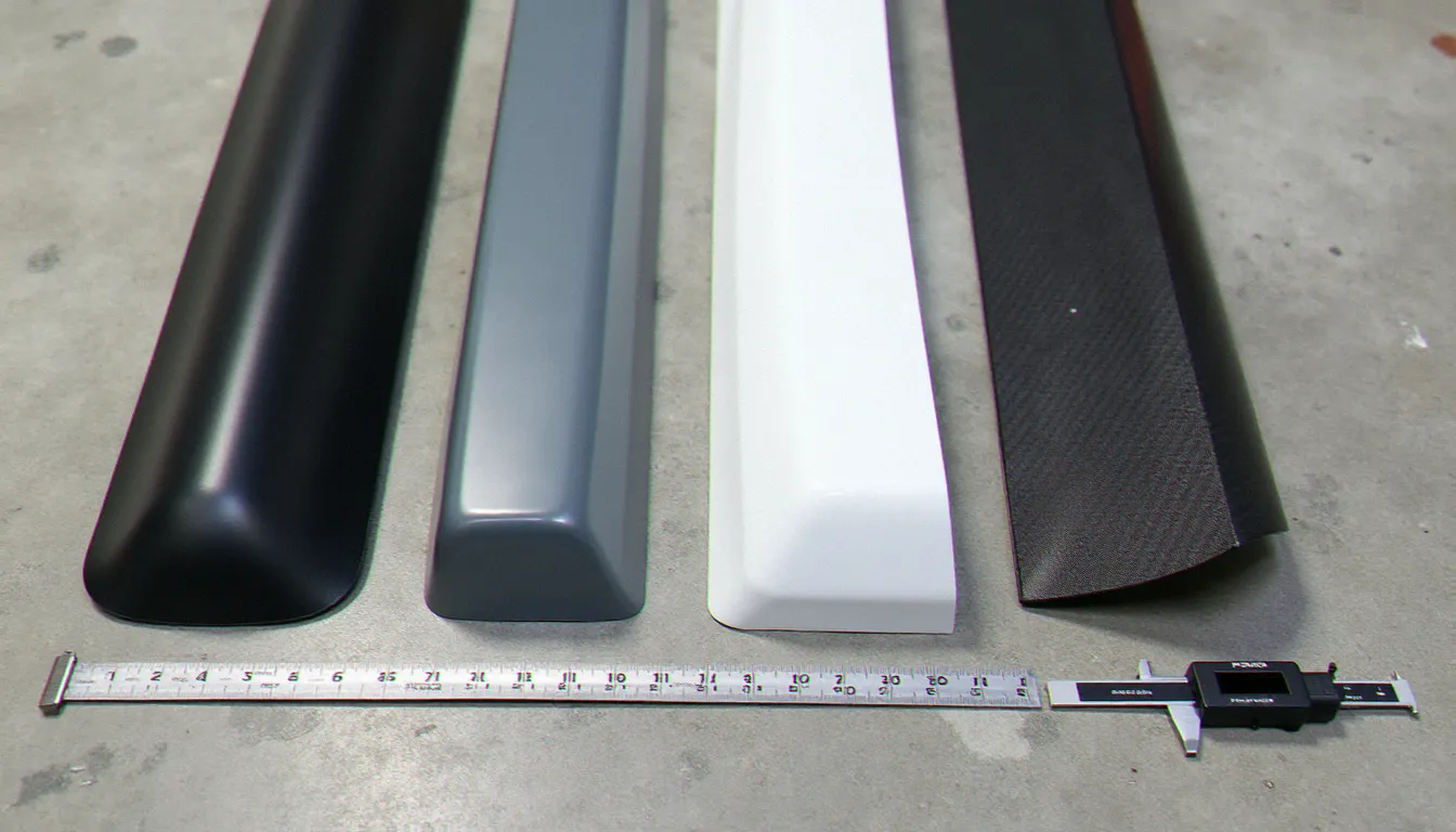 Comparaison de quatre matériaux de kit carrosserie — ABS, polyuréthane, fibre de verre et carbone — posés côte à côte avec un pied à coulisse pour évaluer la qualité avant achat