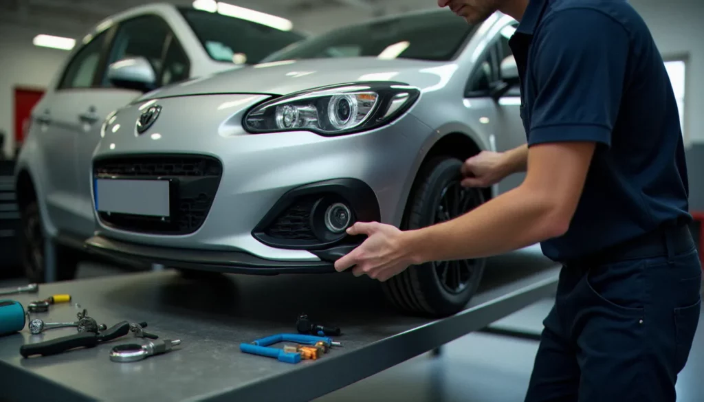 avis auto ici featured 1 Montage d'un kit carrosserie polyuréthane avant sur une compacte européenne dans un garage professionnel, vue d'un avis auto ici réalisé en conditions réelles
