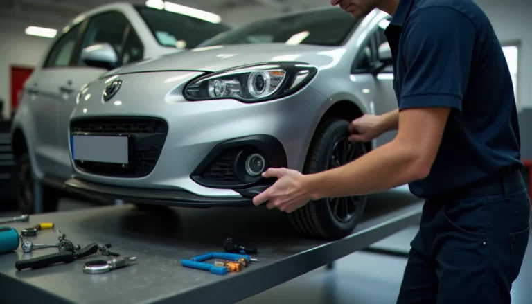 Montage d'un kit carrosserie polyuréthane avant sur une compacte européenne dans un garage professionnel, vue d'un avis auto ici réalisé en conditions réelles