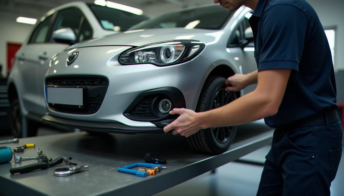 Montage d'un kit carrosserie polyuréthane avant sur une compacte européenne dans un garage professionnel, vue d'un avis auto ici réalisé en conditions réelles