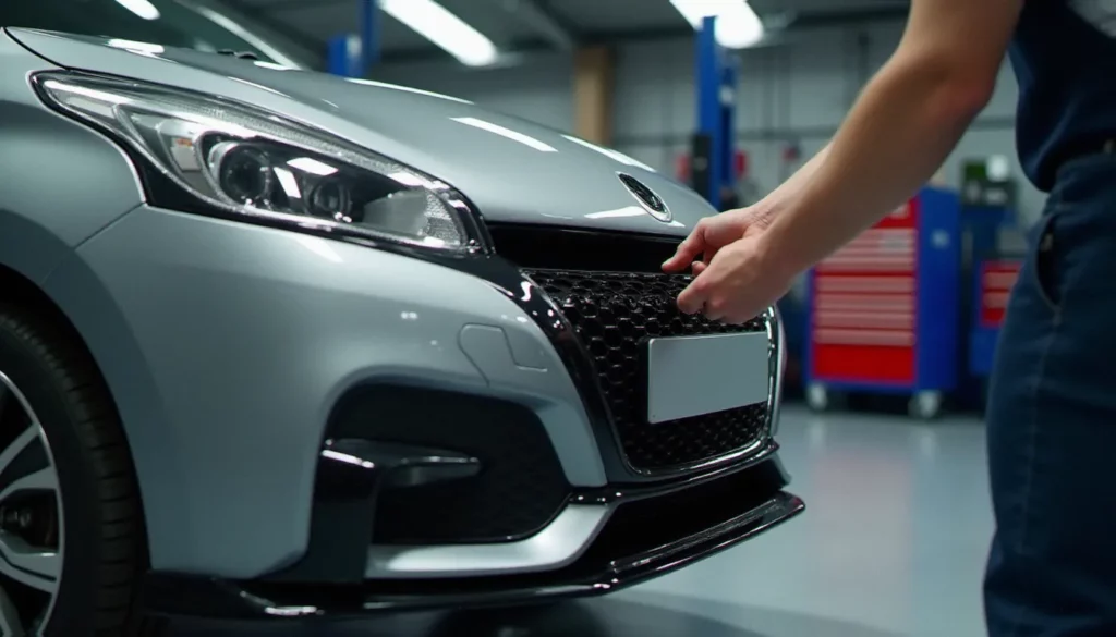 avis auto ici featured Mécanicien montant un kit lèvre avant sur une citadine sportive dans un atelier carrosserie, illustrant un avis auto ici sur les pièces aftermarket