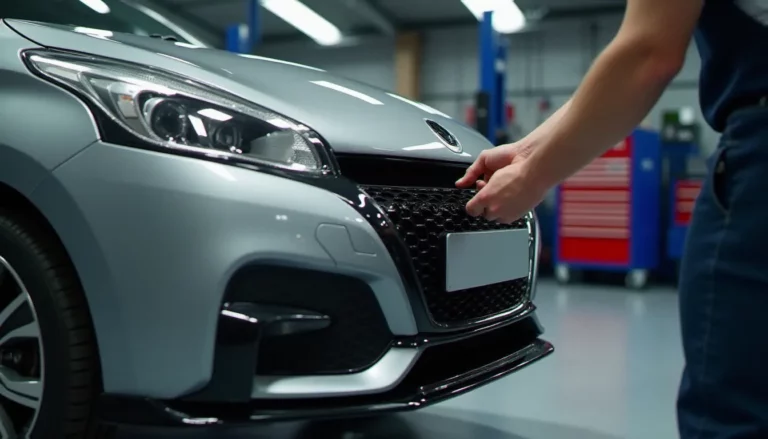 Mécanicien montant un kit lèvre avant sur une citadine sportive dans un atelier carrosserie, illustrant un avis auto ici sur les pièces aftermarket