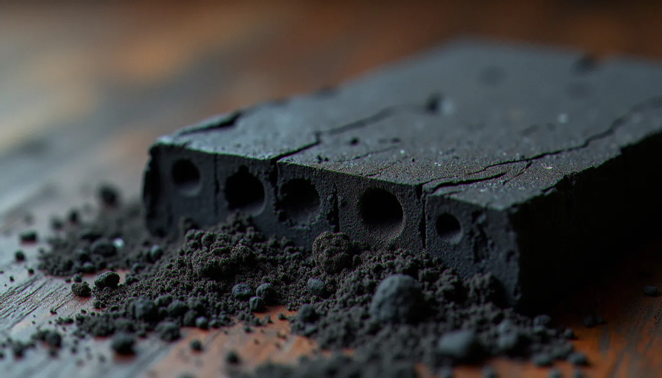 Section transversale d'un charbon naturel en coque de coco montrant la microporosité interne caractéristique qui facilite l'auto-allumage naturel