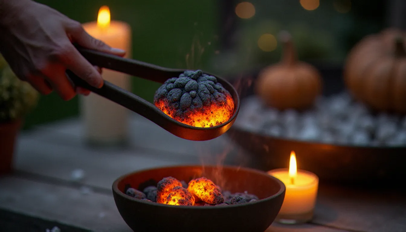 Allumage d'un disque de charbon naturel auto allumant avec des pinces métalliques sur une flamme de bougie en terrasse, bords incandescents orangés