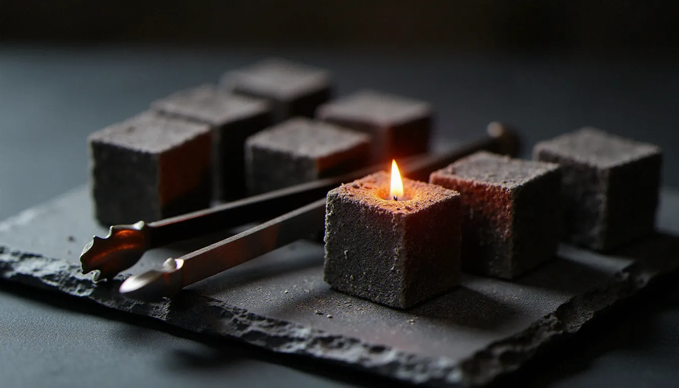 Cubes de charbon naturel auto allumant en coque de noix de coco avec une encoche incandescente sur surface ardoise, pince métallique à côté