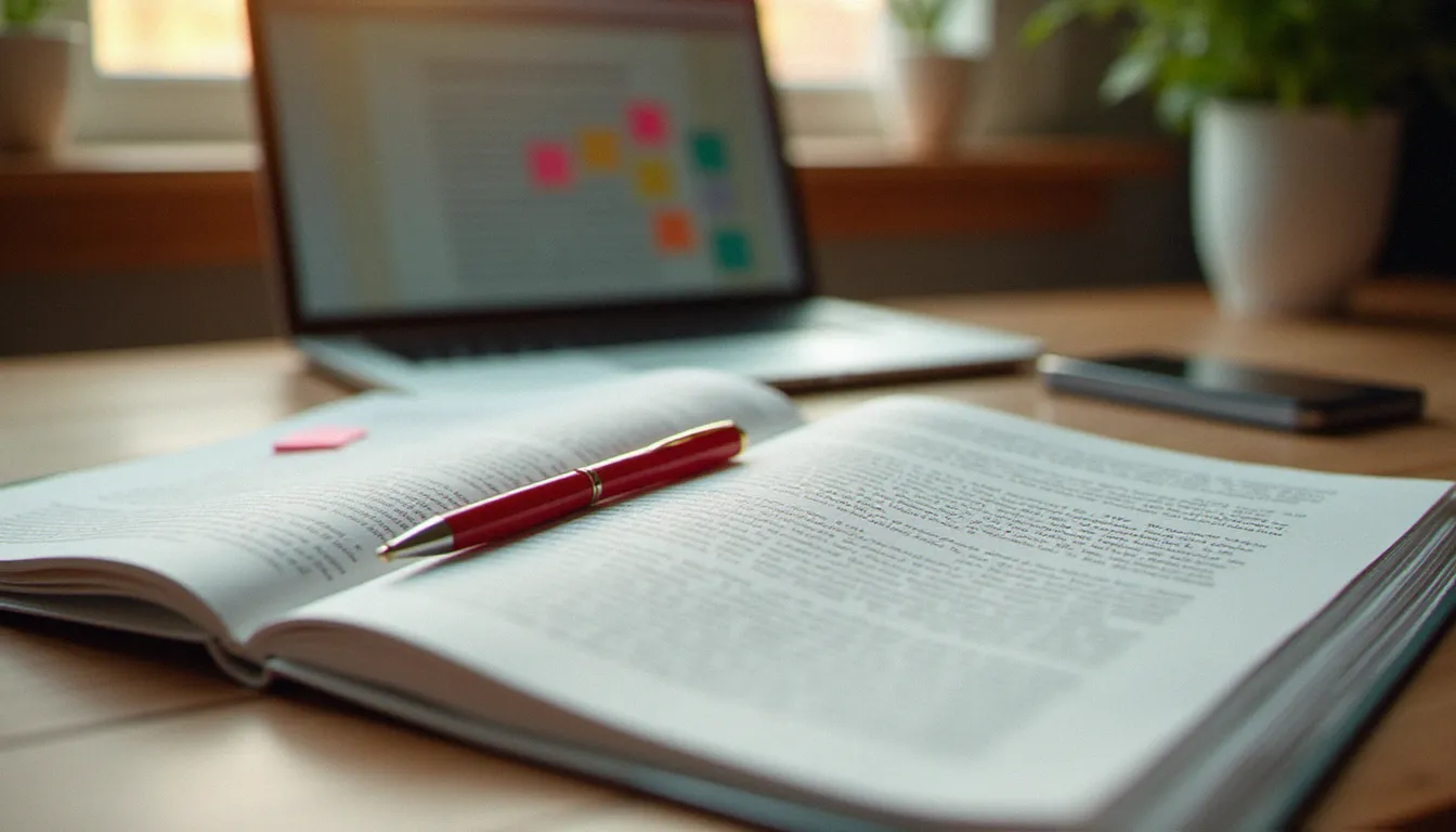 Manuscrit annoté ouvert sur un bureau avec un stylo rouge et un ordinateur portable en arrière-plan, outils d'un auteur apprenant à auto éditer son livre
