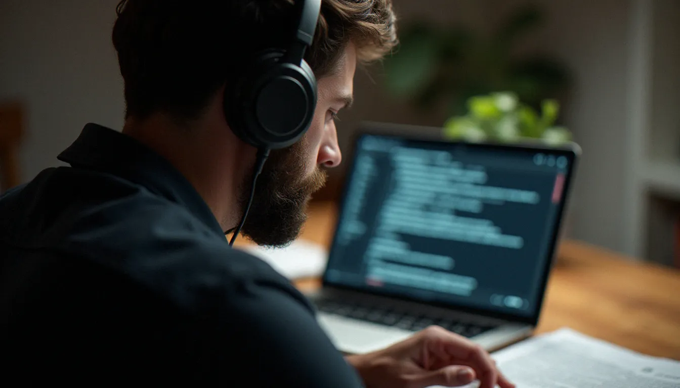 Personne écoutant la synthèse vocale de son manuscrit avec un casque audio tout en suivant le texte imprimé, technique essentielle pour auto éditer son livre par la relecture auditive
