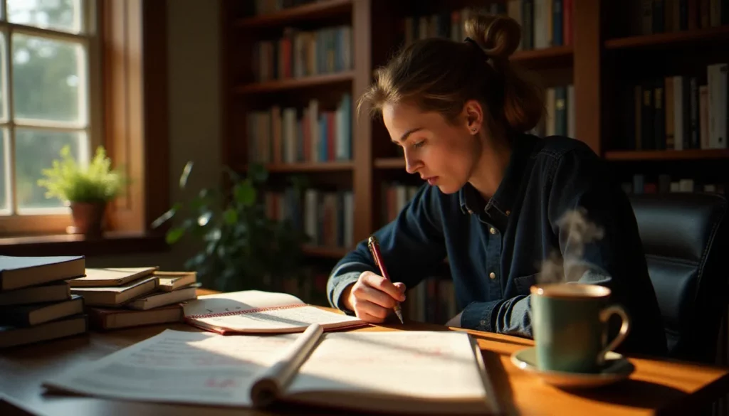 Auteur concentré qui corrige son manuscrit imprimé avec des annotations manuscrites rouges, illustrant le processus pour auto éditer son livre