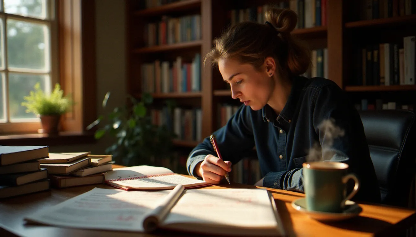 Auteur concentré qui corrige son manuscrit imprimé avec des annotations manuscrites rouges, illustrant le processus pour auto éditer son livre