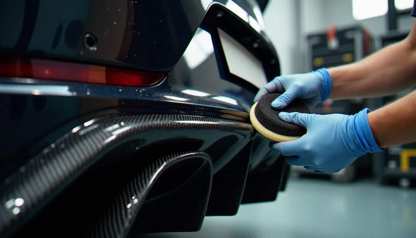 Application d'un traitement céramique de protection sur un diffuseur arrière sport nouvellement installé, étape finale d'une préparation carrosserie professionnelle en zone tropicale