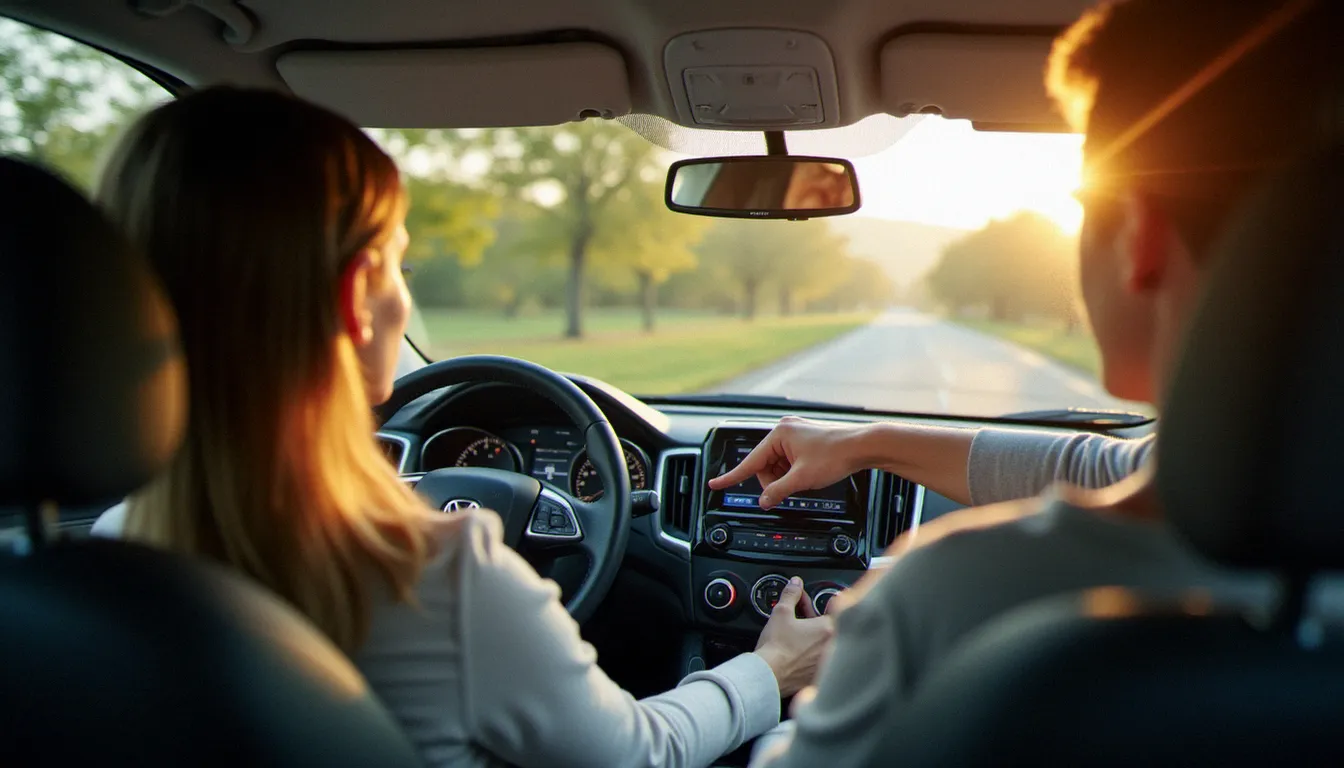 Un moniteur d'auto école expliquant les instruments de bord à son élève lors d'une évaluation pédagogique en véhicule double commande