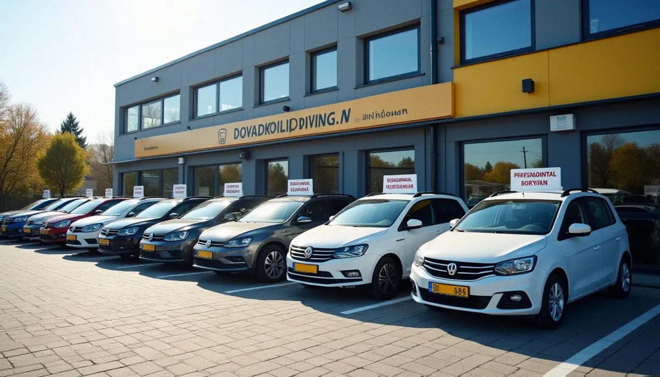 Parc de véhicules neufs d'une auto école moderne alignés devant l'établissement, représentant la qualité du matériel d'une école de conduite premium