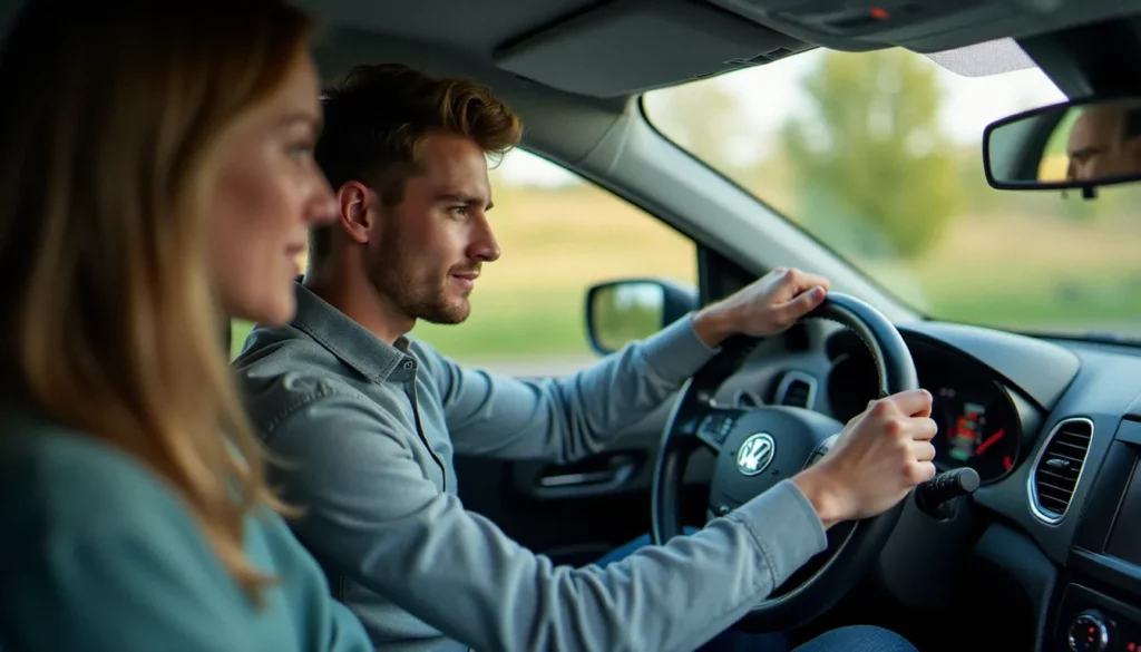 meilleur auto ecole featured Un élève conducteur au volant d'une voiture d'auto école lors d'une leçon de conduite avec son moniteur, illustrant le choix du meilleur auto école