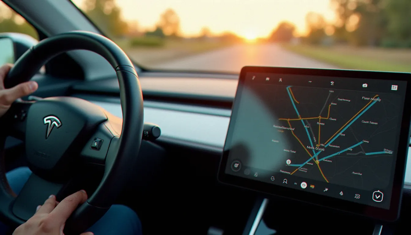 Tableau de bord d'une voiture électrique moderne avec grand écran tactile et navigation active, mettant en avant la technologie embarquée des meilleures autos électriques 2025