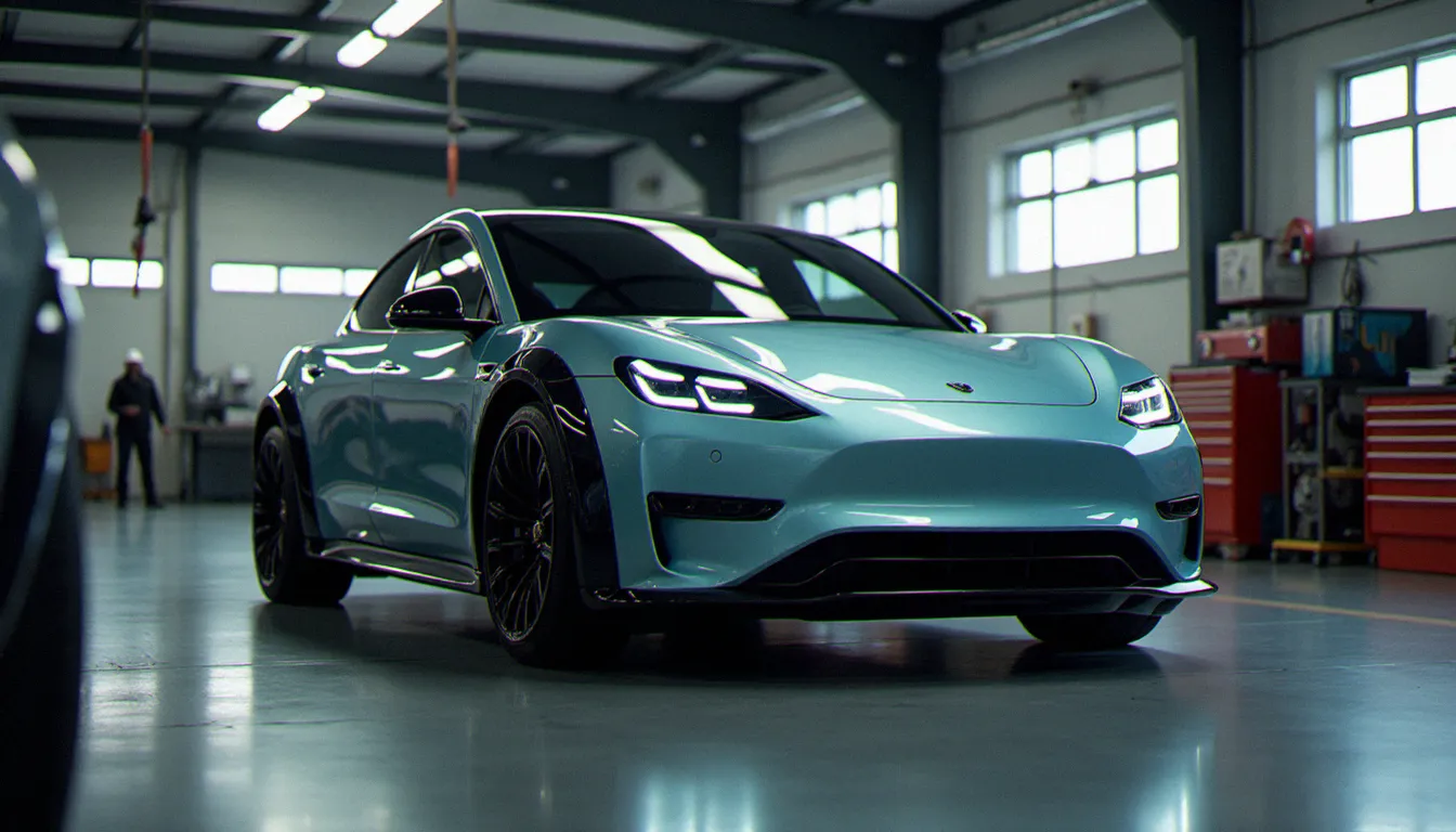 Véhicule électrique équipé d'élargisseurs de passages de roue et de jantes sport dans un atelier de préparation automobile, illustrant les possibilités de personnalisation carrosserie