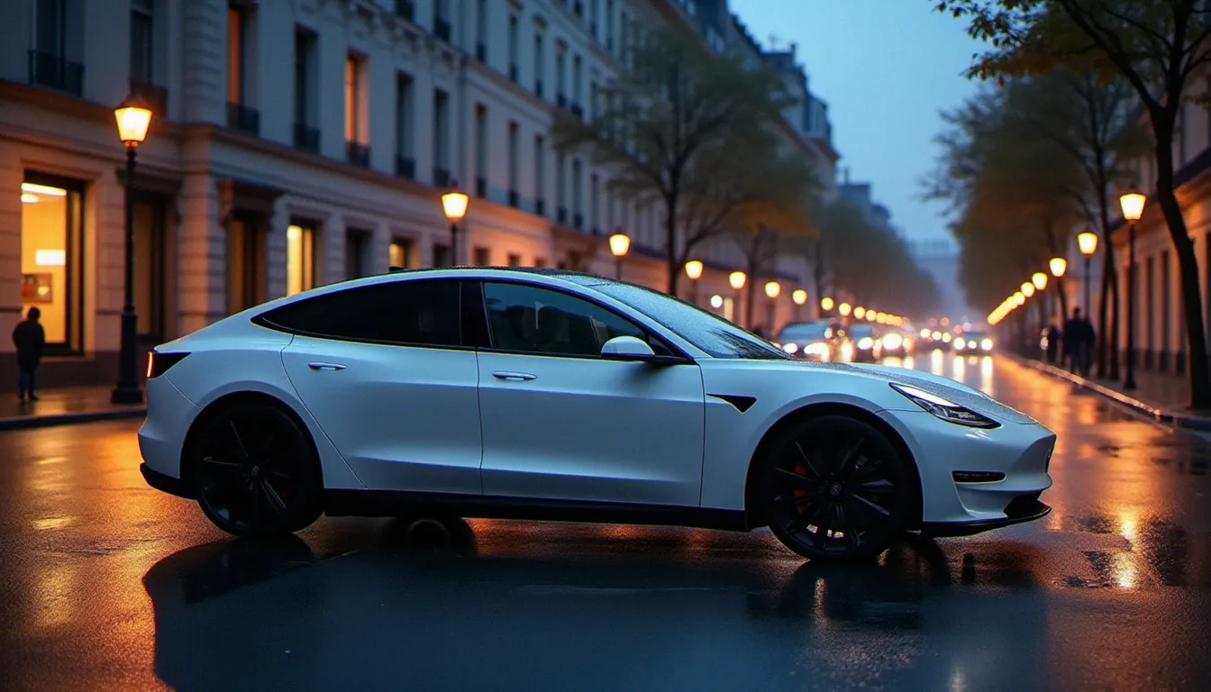 Vue de profil d'une berline électrique blanche stationnée sur une rue urbaine française, illustrant le thème du meilleur auto électrique 2025