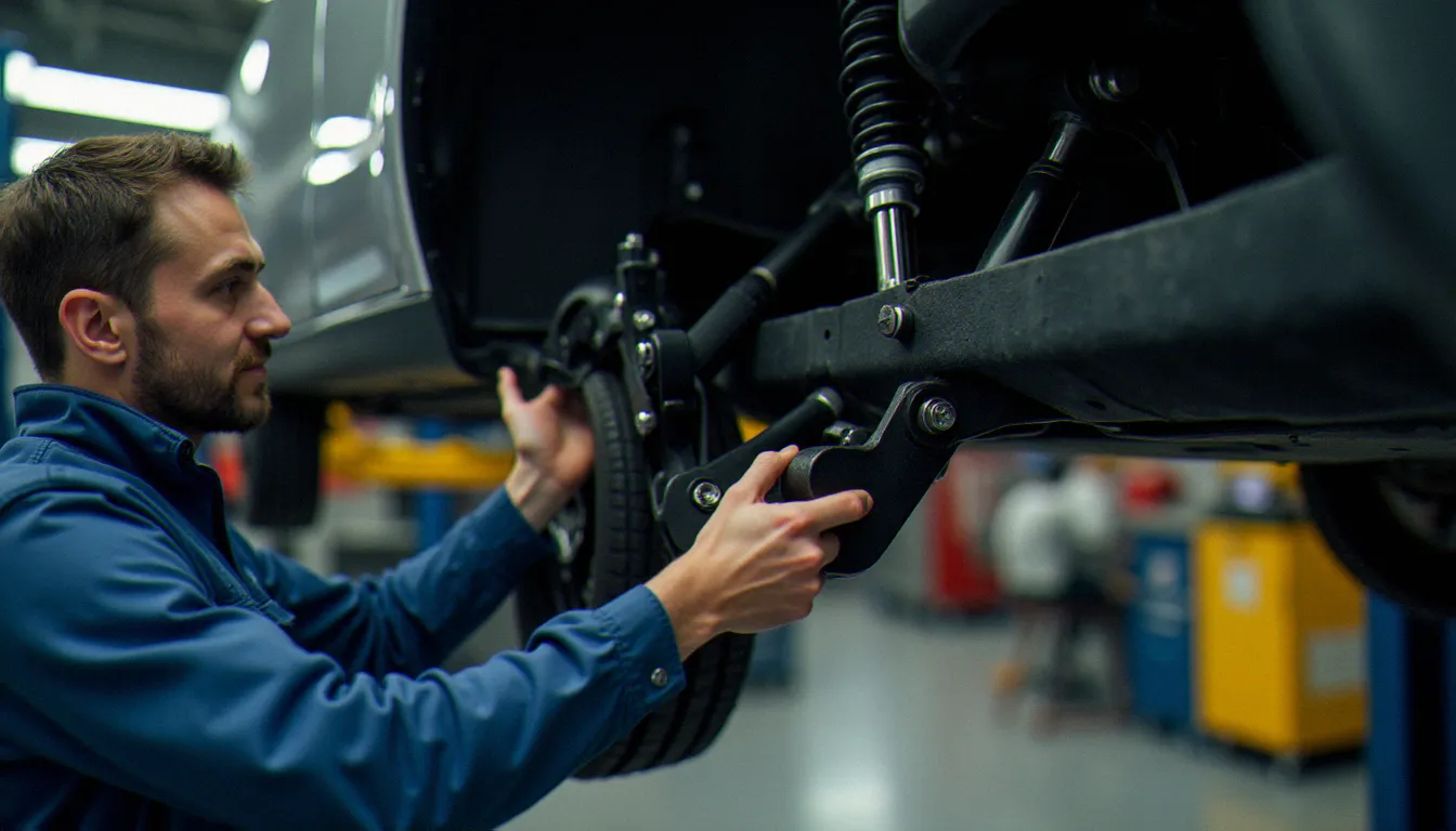 Technicien en atelier réglant la géométrie d'un véhicule électrique sur pont élévateur, montrant le plancher batterie caractéristique des autos électriques