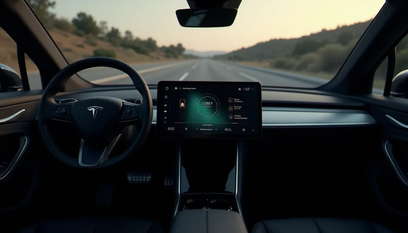 Tableau de bord épuré d'un auto électrique haut de gamme affichant l'autonomie réelle restante sur écran central tactile, illustrant la gestion énergétique des VE modernes