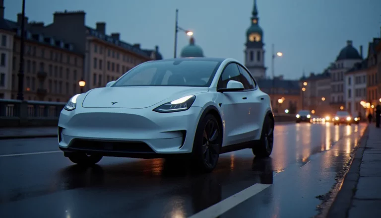 Vue de profil d'un meilleur auto électrique de type SUV blanc sur route mouillée en conditions urbaines françaises au crépuscule