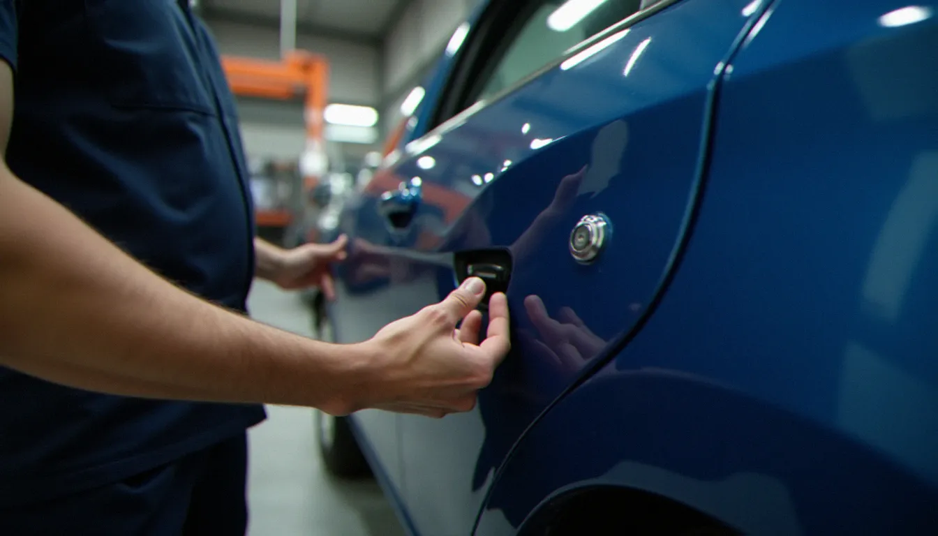 Inspection minutieuse des jeux de carrosserie d'une voiture d'occasion par un préparateur automobile en atelier