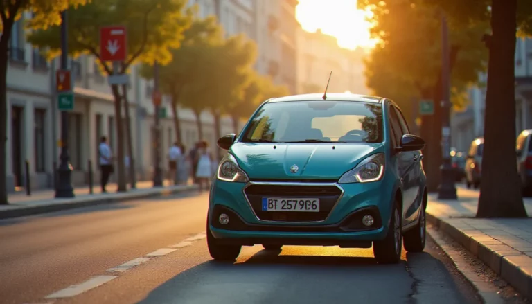 Voiture d'occasion compacte en bon état garée dans une rue européenne, illustrant le choix du meilleur auto usagé moins de 10000 euros