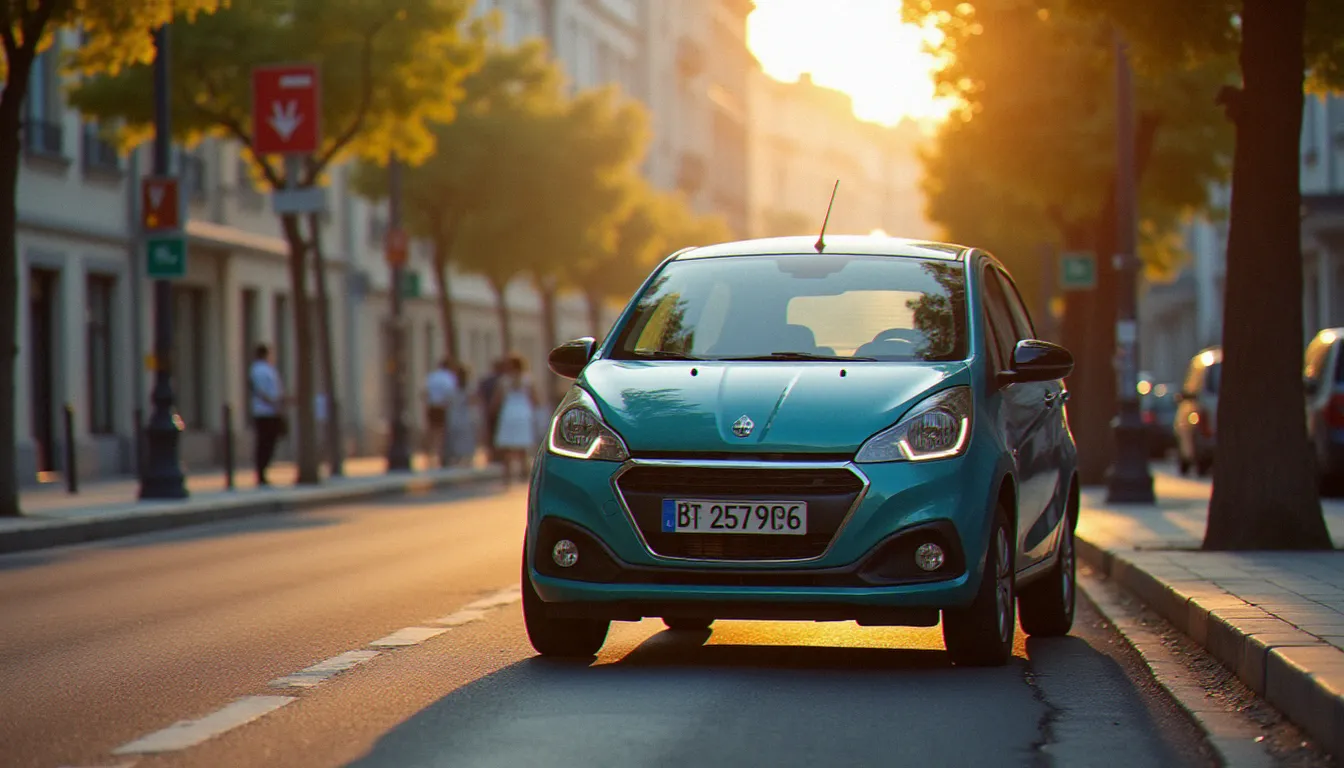 Voiture d'occasion compacte en bon état garée dans une rue européenne, illustrant le choix du meilleur auto usagé moins de 10000 euros