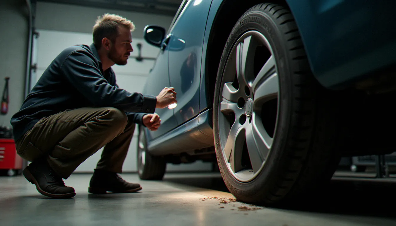 Mécanicien inspectant les passages de roues et le dessous de caisse d'une voiture d'occasion lors d'une vérification avant achat en garage