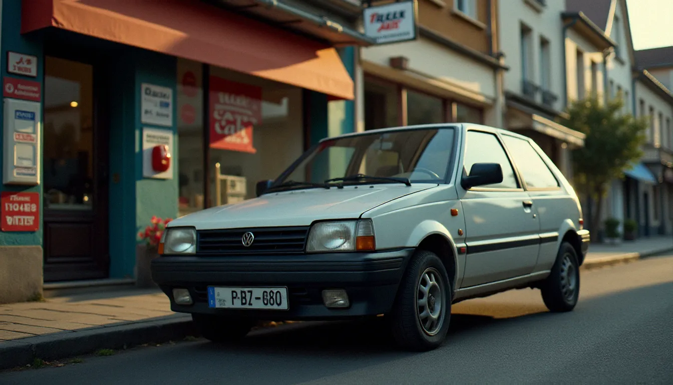 Voiture d'occasion exposée devant un petit garage indépendant en France, représentant les options d'achat pour un auto usagé moins de 5000 €