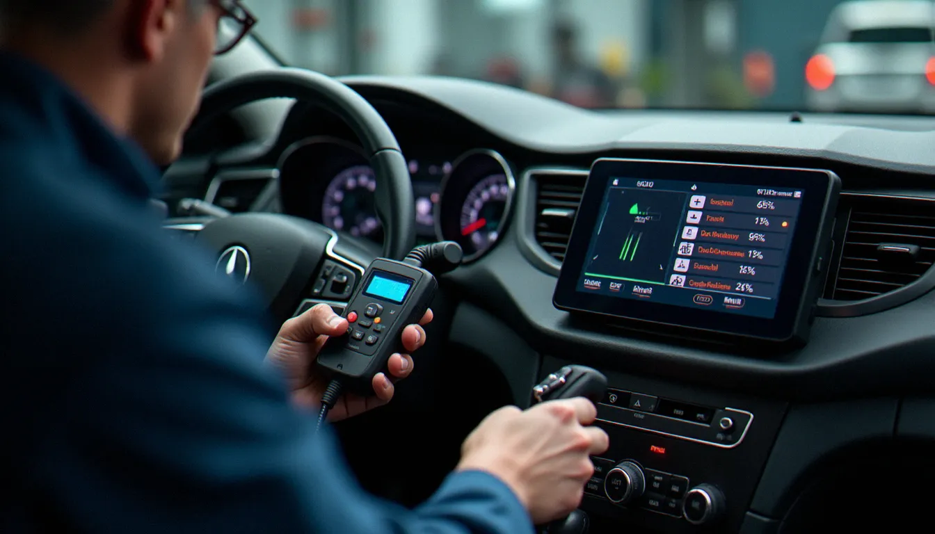 Mécanicien branchant un scanner OBD2 sous le tableau de bord pour diagnostiquer un problème de stop and start indisponible