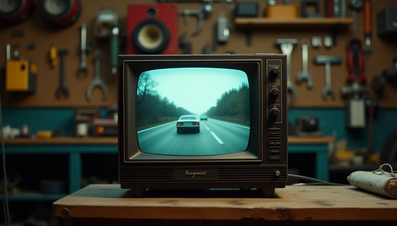 Vieille télévision cathodique des années 90 posée dans un atelier de garage affichant une émission automobile, symbole de l'époque dorée d'AutoMoto sur TF1