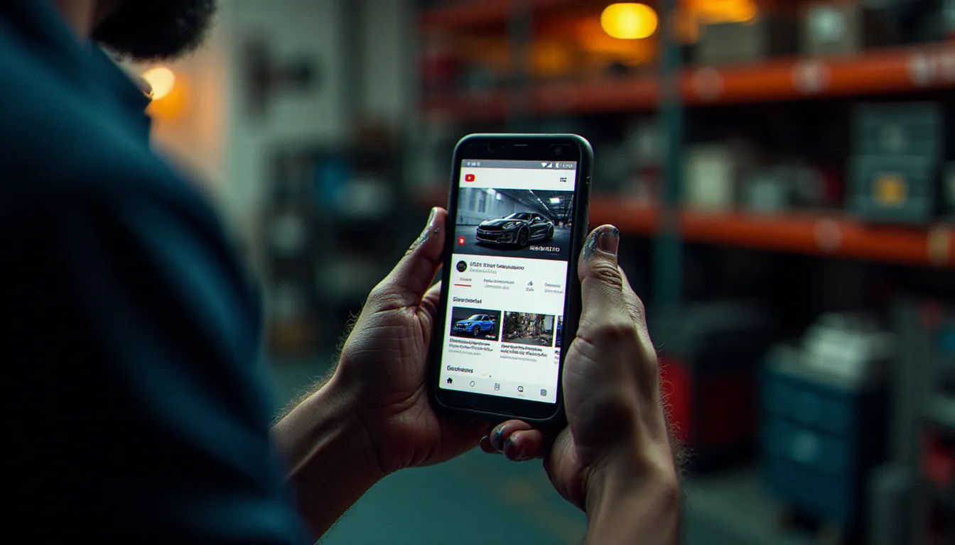 Mains d'un mécanicien tenant un smartphone affichant une chaîne YouTube automobile, illustrant le basculement du contenu TV vers le numérique après la disparition d'AutoMoto