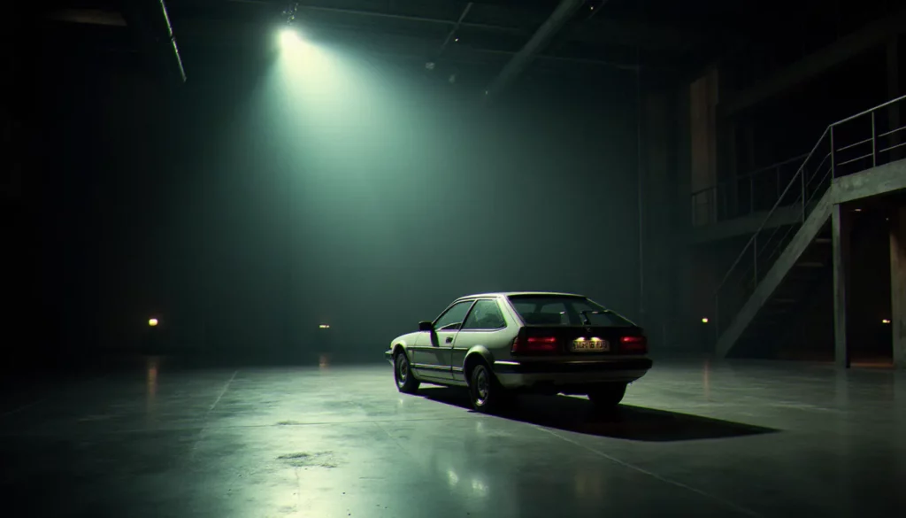 Studio de télévision vintage abandonné avec une voiture française des années 80 sous un projecteur, illustrant la fin de diffusion d'une émission automobile culte comme AutoMoto