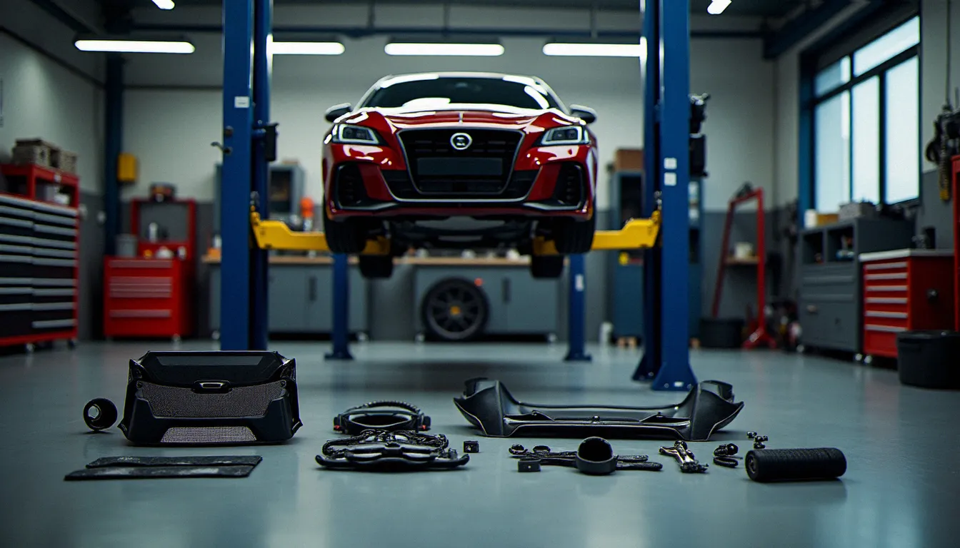 Pièces de kit carrosserie disposées dans un atelier de préparation automobile, illustrant les enjeux réglementaires de modification pour les automobilistes français
