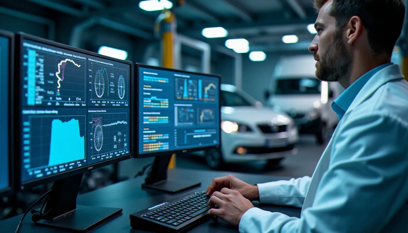 Ingénieur automobile analysant des données de tests de sécurité sur écrans dans un centre d'essais européen spécialisé