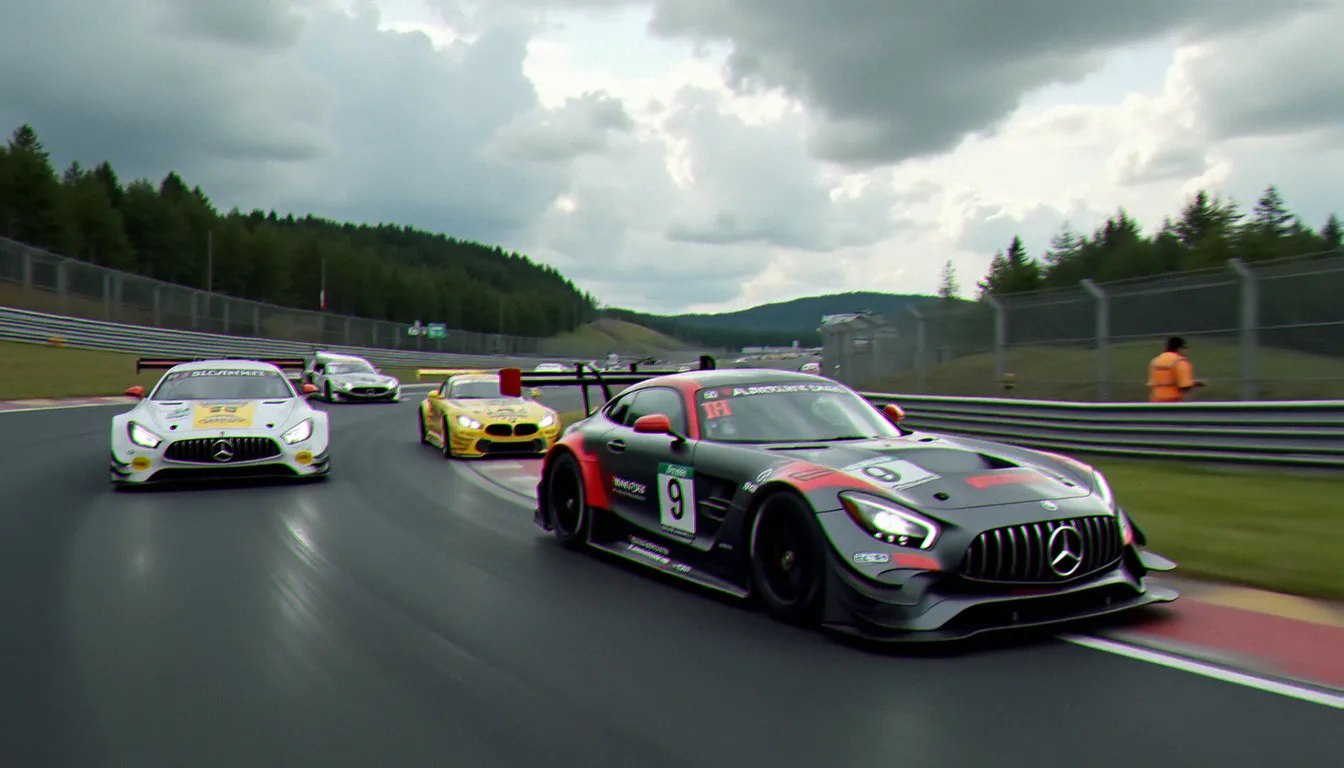 Course de voitures de tourisme sur le circuit du Nürburgring Nordschleife lors d'une épreuve ADAC Motorsport sous un ciel nuageux