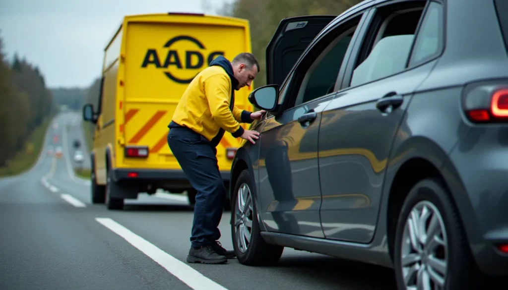 allgemeiner deutscher automobil club featured Technicien de l'Allgemeiner Deutscher Automobil-Club en uniforme jaune intervenant sur une voiture en panne sur une autoroute allemande